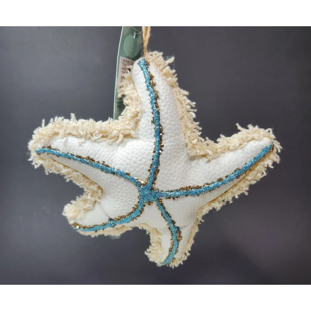 St Nicholas Square Starfish Ornament White Faux Leather Blue Glitter Fringed 6